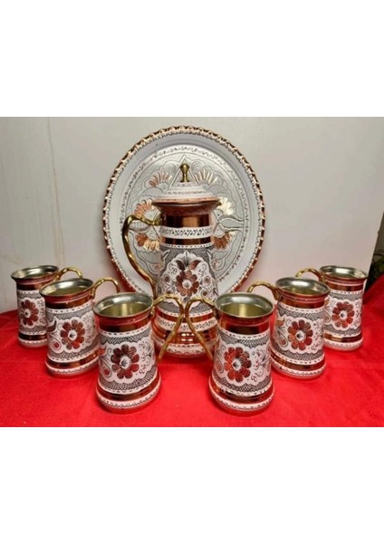 Bakır Sürahili 6lı Meşrubat Bardağı ve Tepsi