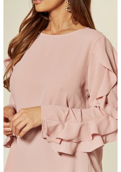Pudra Fırfır Detaylı Uzun Kollu Oversize Bluz