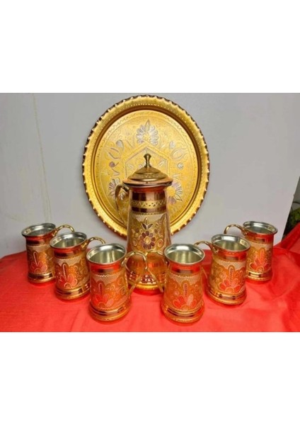 Bakır Sürahili 6lı Meşrubat Bardağı ve Tepsi