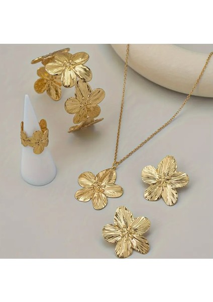 Gold Çiçek Objeli Kolye Küpe Kelepçe Yüzük Kadın Set Çoklu Set fiyatları