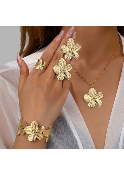 Gold Çiçek Objeli Kolye Küpe Kelepçe Yüzük Kadın Set Çoklu Set modelleri