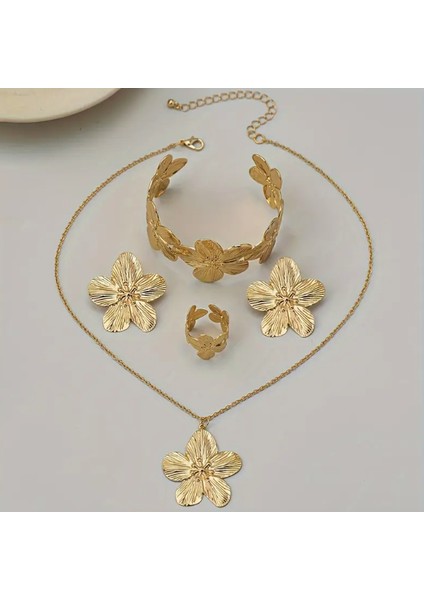 Gold Çiçek Objeli Kolye Küpe Kelepçe Yüzük Kadın Set Çoklu Set fırsatları