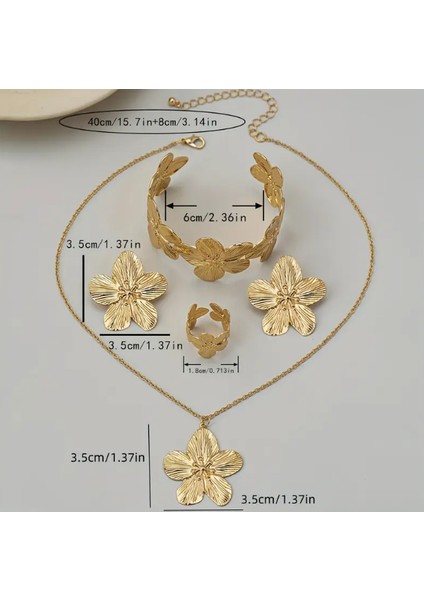 Gold Çiçek Objeli Kolye Küpe Kelepçe Yüzük Kadın Set Çoklu Set indirimleri