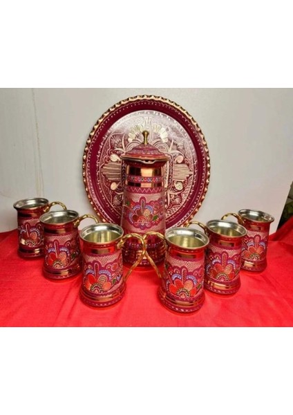 Bakır Sürahili 6lı Meşrubat Bardağı ve Tepsi