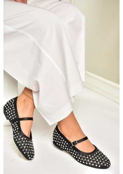 U725513204 Siyah Kumaş Taş Detaylı Kadın Babet fırsatları