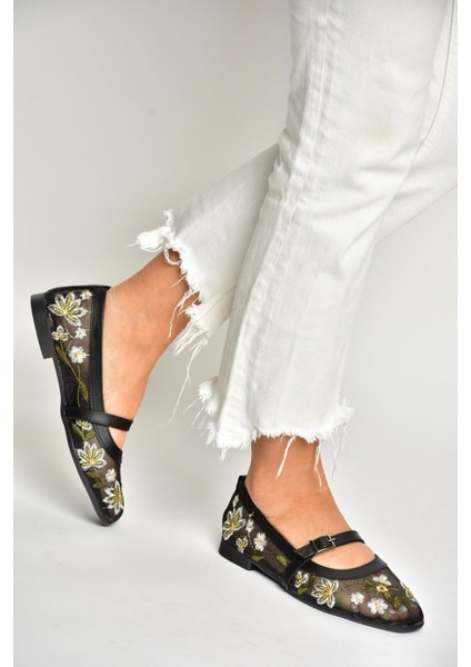 U241793015 Siyah File Çiçek Motifli Kadın Babet fiyatları