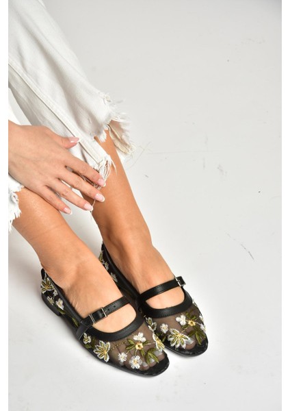 U241793015 Siyah File Çiçek Motifli Kadın Babet modelleri