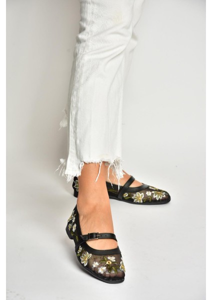 U241793015 Siyah File Çiçek Motifli Kadın Babet indirimleri