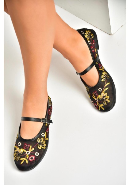 U267853215 Siyah File Çiçek Motifli Kadın Babet fiyatları