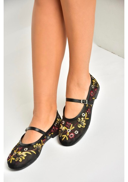 U267853215 Siyah File Çiçek Motifli Kadın Babet modelleri