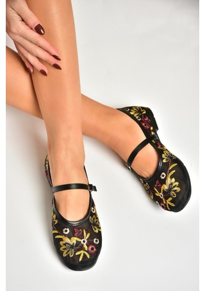 U267853215 Siyah File Çiçek Motifli Kadın Babet fırsatları