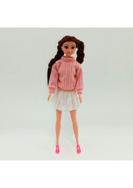 Oyuncak Kazaklı Örgü Saçlı Model Bebek 29 cm - Hareketli Eklemli Oyuncak Bebek Pembe