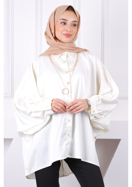 Krem Kolyeli Oversize Saten Gömlek