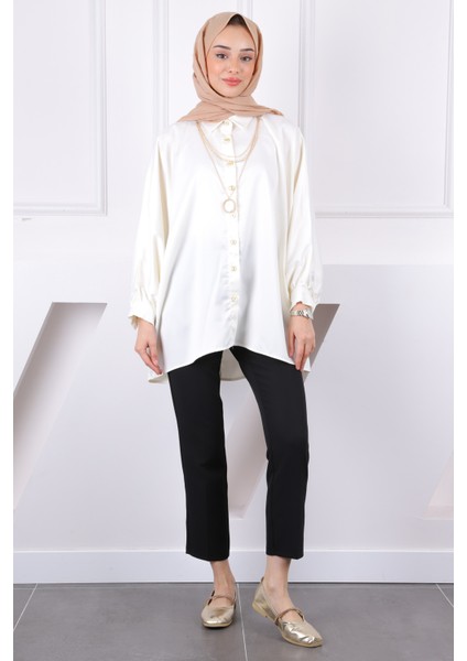 Krem Kolyeli Oversize Saten Gömlek fiyatları