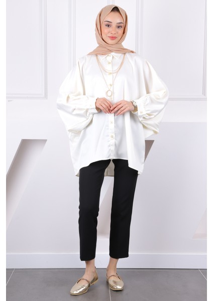 Krem Kolyeli Oversize Saten Gömlek modelleri