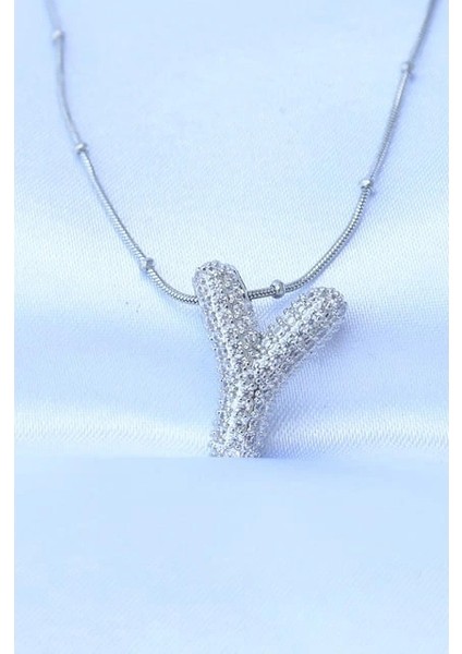 Çelik Zincirli Zirkon Taşlı Y Harfli Gümüş Renk Bubble Kolye