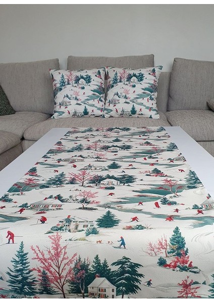 Sulu Boya Yılbaşı Kar Manzara Desenli Dijital Baskılı Runner