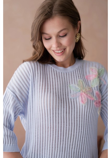 Bisiklet Yaka Aplikeli Ajurlu Salaş Triko Bluz