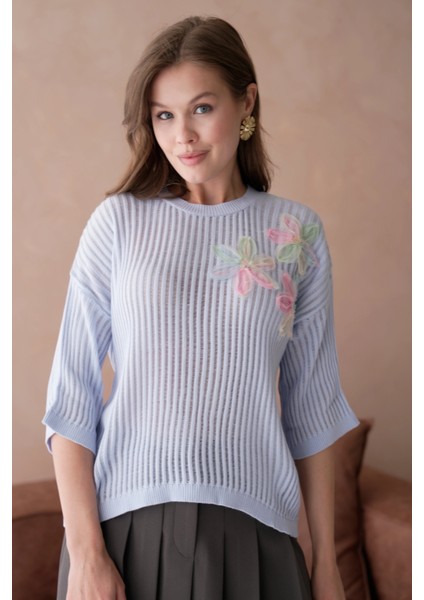 Bisiklet Yaka Aplikeli Ajurlu Salaş Triko Bluz modelleri