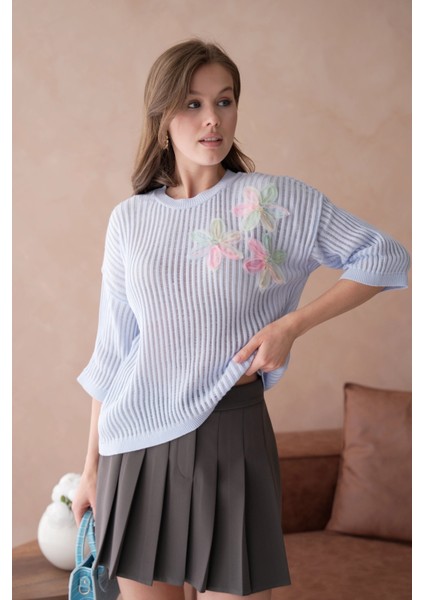 Bisiklet Yaka Aplikeli Ajurlu Salaş Triko Bluz fırsatları