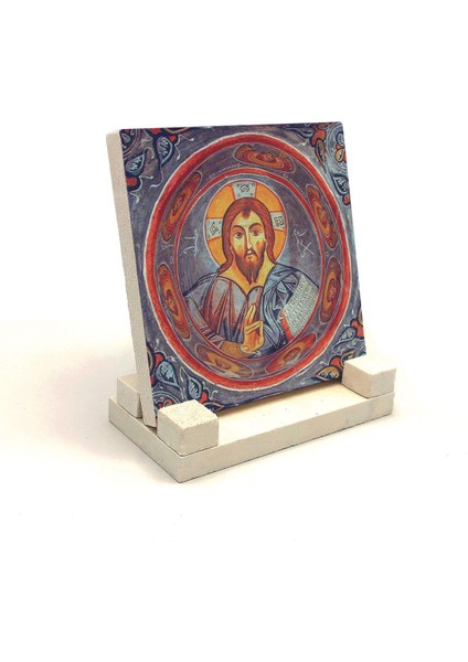 Kapadokya Göreme Karanlık Kilise Freski - Pantokrator Isa Mesih Baskılı Taş Masaüstlük 10X10