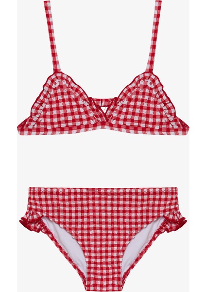 Kız Çocuk Kareli Fırfırlı Üçgen Bikini Takımı