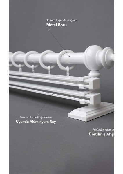 Beyaz 250 cm Çiftraylı Rustik Perde Askı Seti (Ahşap Başlık ile Aluminyum Boru ve Ray)