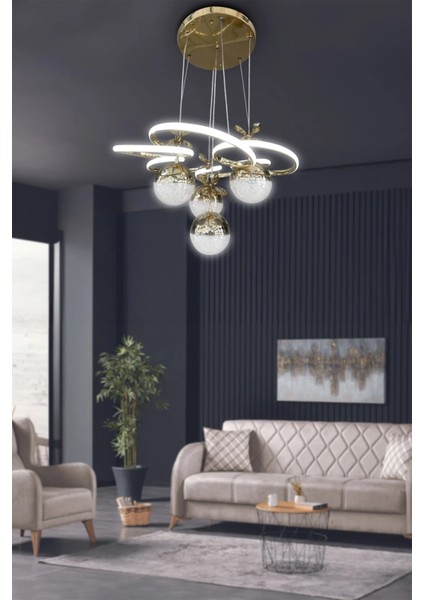 Modern Sarkıt Florya 4 Toplu LED Avize - Salon & Oturma Odası Avizesi - 3 Renk Kumandalı