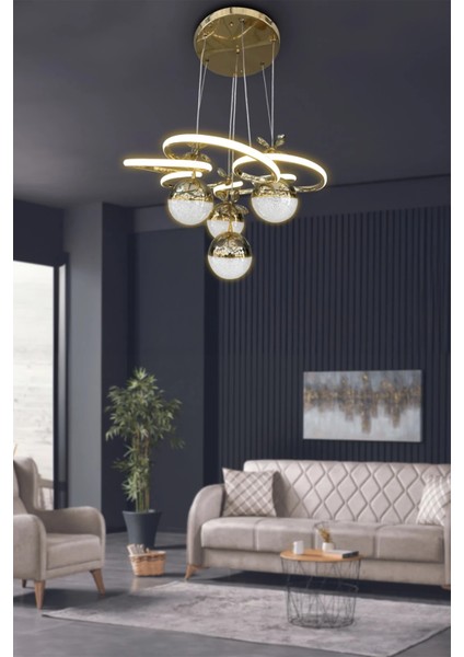 Modern Sarkıt Florya 4 Toplu LED Avize - Salon & Oturma Odası Avizesi - 3 Renk Kumandalı