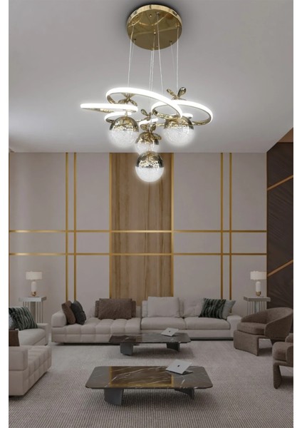 Modern Sarkıt Florya 4 Toplu LED Avize - Salon & Oturma Odası Avizesi - 3 Renk Kumandalı