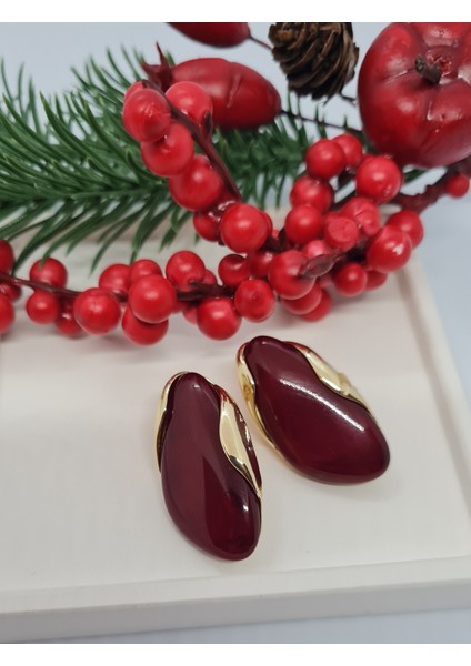 Bordo Gold Detaylı Küpe
