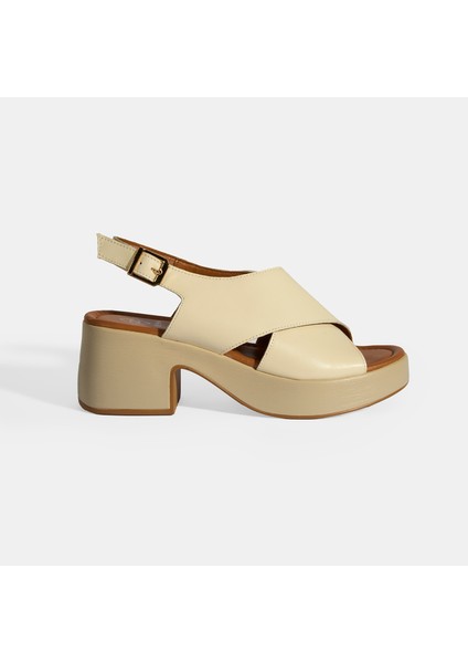 Krem Kadın Toka Detaylı Slingback Deri Sandalet