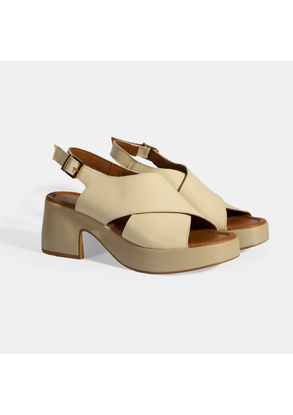 Krem Kadın Toka Detaylı Slingback Deri Sandalet fiyatları