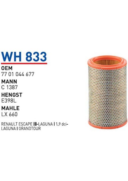 Wh833 Oem 7701044677 Renault escape III laguna I 1.9 dci Otomobil hava filtre air filter