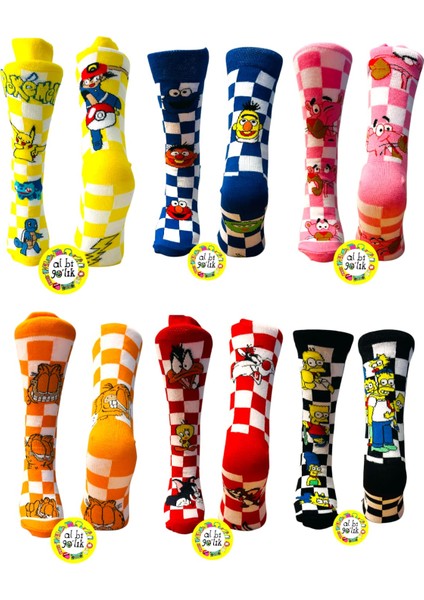 Pokemon Susam Sokağı Pembe Panter Garfield Looney Tunes Simpsonlar Çizgi Film Damalı Desenli 6'lı Soket Çorap Seti Sarı Mavi Pembe Turuncu Kırmızı Siyah Renkler