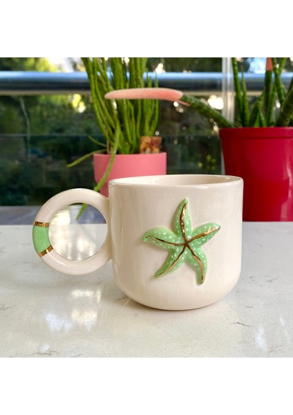 El Yapımı Seramik Gerçek 24K Altın Dekorlu Denizyıldızı Kupa indirimleri