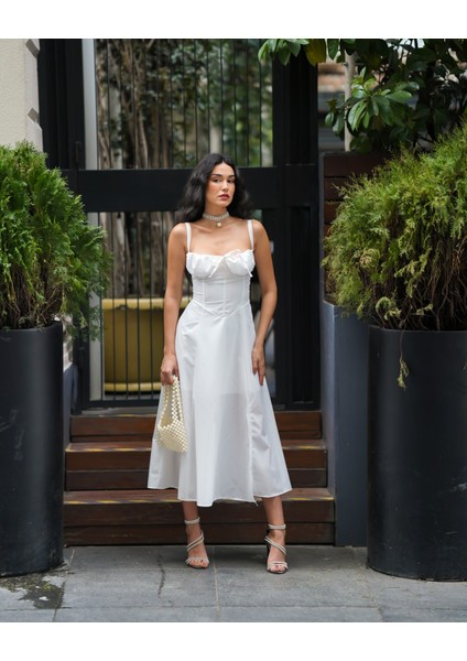 Kadın Askılı Sırt Bağlamalı Tasarım Midi Elbise