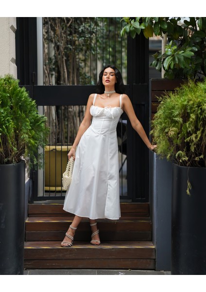 Kadın Askılı Sırt Bağlamalı Tasarım Midi Elbise fırsatları
