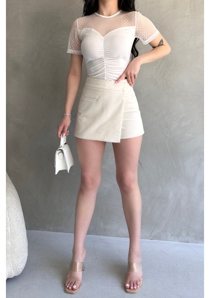 Tül Detaylı Önü Büzgülü Crep Bluz