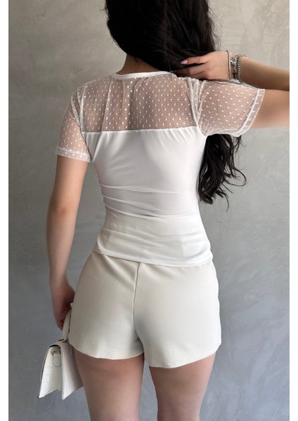 Tül Detaylı Önü Büzgülü Crep Bluz