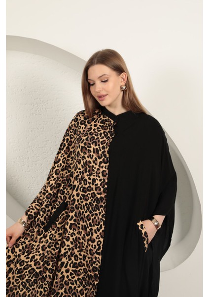 Viskon Kumaş Leopar Elbise-Siyah