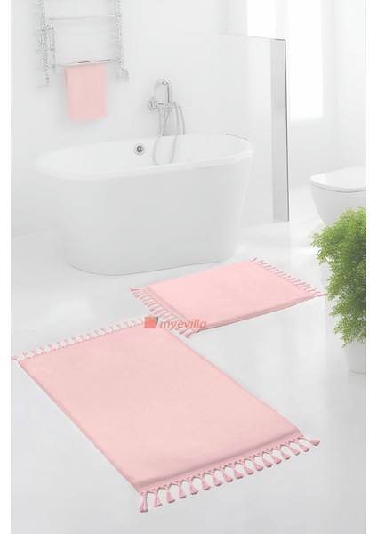 Simirna Ponpon Saçaklı Peluş Yıkanabilir Kaymaz Banyo Paspası 2'li Klozet Takımı Pembe