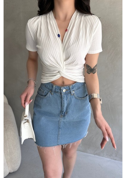 Kruvaze Yaka Crop Bluz fırsatları