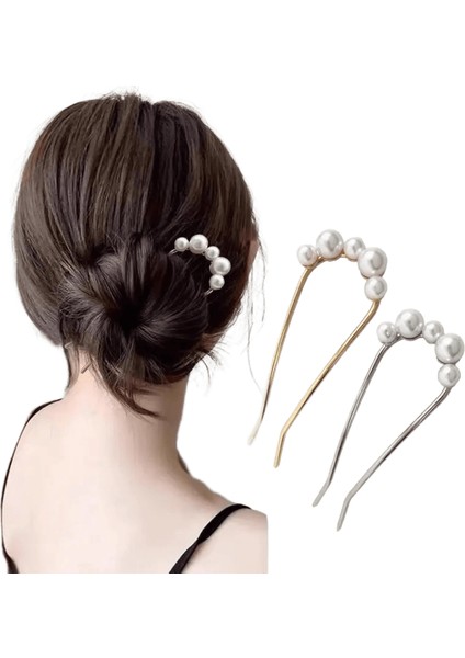 2pcs Koreli U Şekilli Inci Saç Tokaları Saç Klipleri Kadınlar Için Zarif Metal Çatallar Vintage Inci Saç Tokaları Saç Şekillendirme Araçları Hediyeler Metal Renk: A-Golden Gümüş (Yurt Dışından)