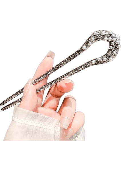 Moda Metal U Şekilli Saç Çubuğu Kadınlar Için 2025 Yeni Çin Tarzı Inci Yaprağı Pim Çatal Çubuklar Pimler Saç Stilini Aksesuarlar Metal Renk: Siyah (Yurt Dışından)