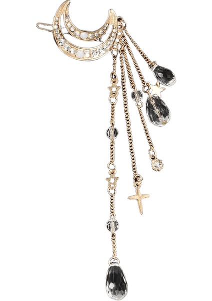 Moda Zarif Kadın Saç Bantları Bayan Ay Rhinestone Kristal Püskül Uzun Zincirli Boncuklar Sallanan Saç Klipli Saç Klipi Mücevherat Metal Renk: Gümüş (Yurt Dışından)