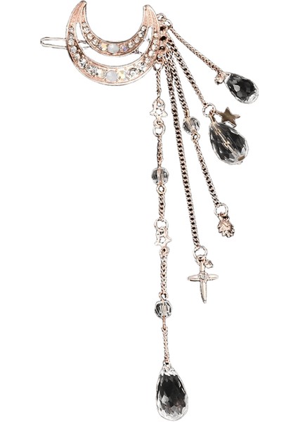 Moda Zarif Kadın Saç Bantları Bayan Ay Rhinestone Kristal Püskül Uzun Zincirli Boncuklar Sallanan Saç Klipli Saç Takı Metal Renk: Gül Altın (Yurt Dışından)