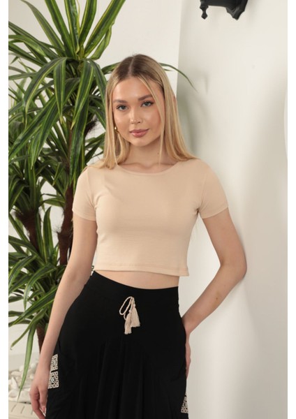 Çilek Viskon Kumaş Basic Crop-Bej