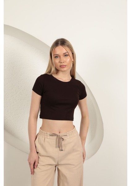 Çilek Viskon Kumaş Basic Crop-Kahve