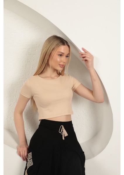 Çilek Viskon Kumaş Basic Crop-Bej fırsatları